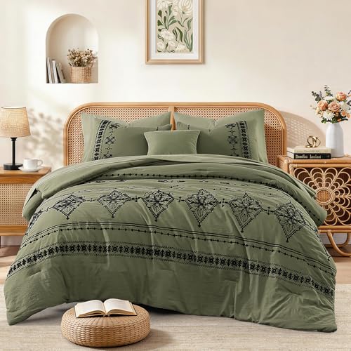 MaiR??ve Full Size Comforter Set Embroidery Floral 7 Pieces Bed in a Bag - Olive Green Boho Farmhouse Bedding Sets with Comforter, Sheets, Pillowcases & Shams