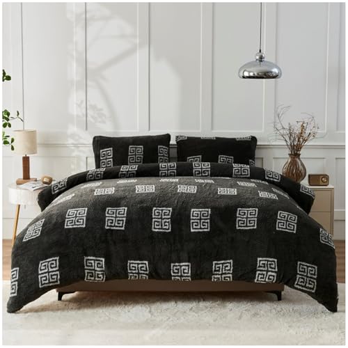 GC GAVENO CAVAILIA Luxury Fleece Duvet Cover - Greek Key Double Bedding Set - Soft, Warm Winter Teddy Duvet Set with Pillowcases - Easy Care Comforter Bed Linen Double - (200x200 cm), Charcoal