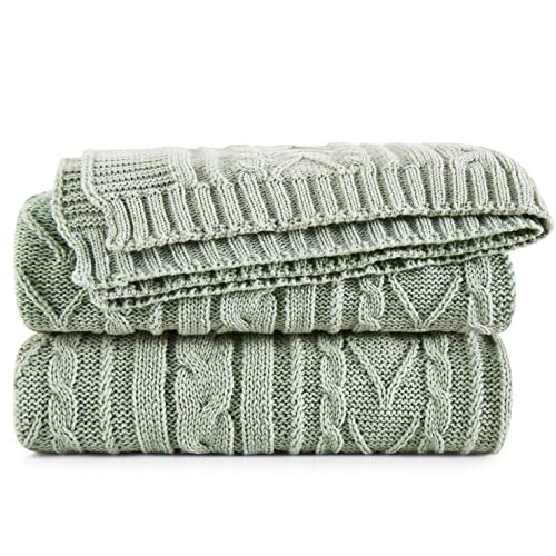 "Aormenzy - Acrylic Cable Knit Throw Blanket for Bed Sofa Couch Soft Cozy 50""x60"" Sage Green"