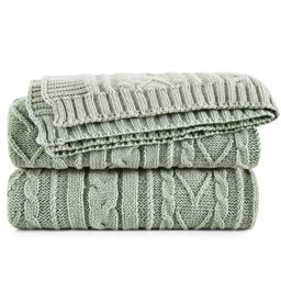 "Aormenzy - Acrylic Cable Knit Throw Blanket for Bed Sofa Couch Soft Cozy 50""x60"" Sage Green"