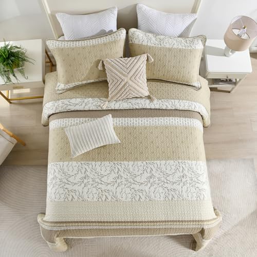 "FineStichery Oversized Quilt Bedspread 120""x102"", 100% Cotton Queen Bedspreads Coverlet Set with Pillow Shams, Farmhouse Botanical Pattern Bedding Cover, All Season, 3 Piece, Beige/Brown"