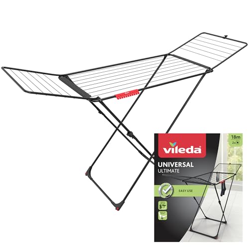 Vileda Universal Ultimate Clothes Airer, 18m Drying Space, Portable - Holds 2 wash loads, Integrated Sock Hangers for Drying, Built-in wheels, Transport Lock, Foldable, Black Clothes Drying Rack
