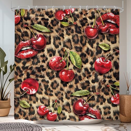 Cheetah Print Shower Curtain Set 72x72 Bathroom Decor Red Lipds Cherry - Cute Groovy Girl Modern Leopard Safari Panther Cat Brown African Bathroom Curtain Set Waterproof Polyester Fabric with Hooks