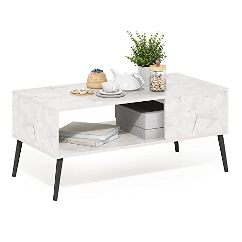 Furinno CLAUDE Coffee Table, 2-Tier Modern Coffee Table with Wooden-Legs, Side Table with Open Shelf, for Living Room, Bedroom, Home Office, Marble WH