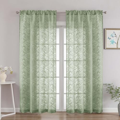 OVZME Extra Wide Sage Green Sheer Curtains 84 Inches Long 2 Panels, Elegant Leaf Clip Jacquard Light Filtering Sheer Curtains, Dual Rod Pocket Textured Drapes for Living Room, 2x52Wx84L Inches