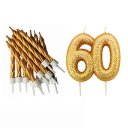 60th Birthday Gold Candle Kit, Glitter Number 60 Candle with 12 Metallic Spiral Cake Candles and Holders, Birthday Cake Decorations, Pack of 13