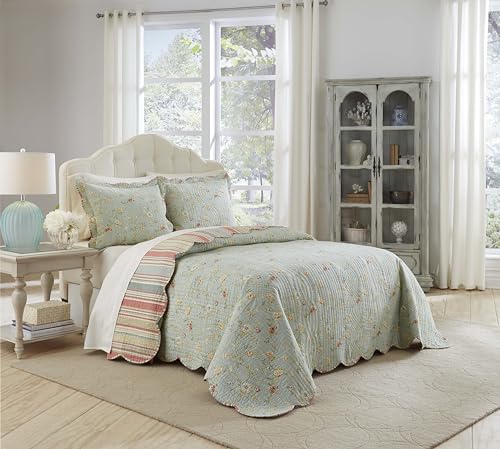 Waverly Garden Glitz Modern Farmhouse Floral 3-Piece Reversible Quilt Bedding Bed Spread Set, Queen, Vapor