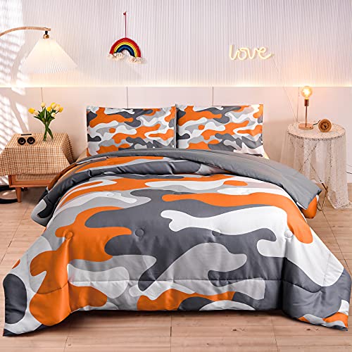 Meeting Story Kids Camo Bedding Set, Army Camouflage Bedding Full Comforter Set for Boys Girls Teens Bedroom Decoration, 3Pcs (Orange, Full)
