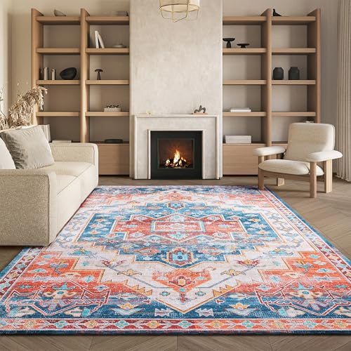 Safavieh Traditional Rug Ideal for High Traffic Areas - Machine Washable and Non Slip - Tucson Collection, Short Pile, in Blue and Red, 183 X 274 cm