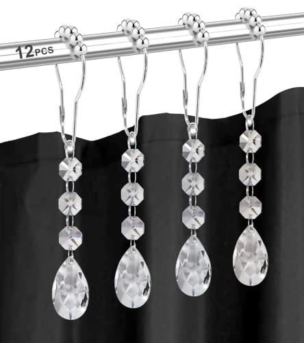 Yapicoco Shower Curtain Hooks Rings for Bathroom, 12PCS Gemstone Crystal Bead Stainless Steel Rust Resistant Clear Shower Curtain Rings for Shower Curtains (Water Drops)