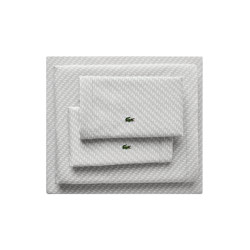 Lacoste Mini Geo Logo 100% Percale Cotton 4-Piece Sheet – Cool, Crisp, Matte, and Durable, Oeko-Tex Certified – Print, Grey, Cal King