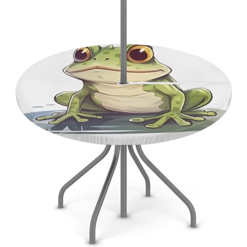"Fitted Round Tablecloth with Umbrella Hole and Zipper Frog Outdoor Elastic Table Cloth 36""-44"" Oil-Proof Waterproof Green Frog Patio Table Cover for Picnic Party"