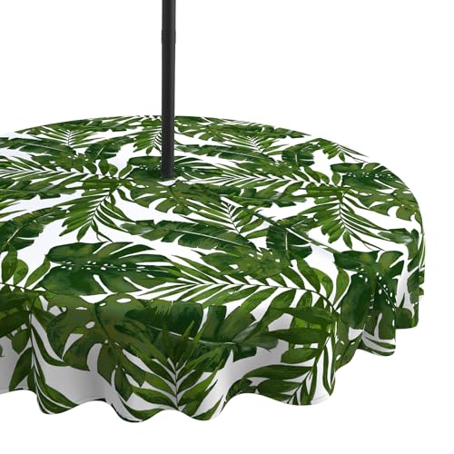 LVTXIII Outdoor Tablecloth with Umbrella Hole and Zipper, 60 Inch Water-Repellent Patio Table Cloth, Round Table Covers for Backyard Garden, Palm Green