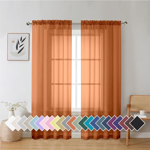 Aiyufeng Transparent Curtains, 72 inch long, 2 panels, light filtering, airy rod pocket, orange window curtains, treatment curtains for kitchen, bedroom, living room, each 106 x 72 inch