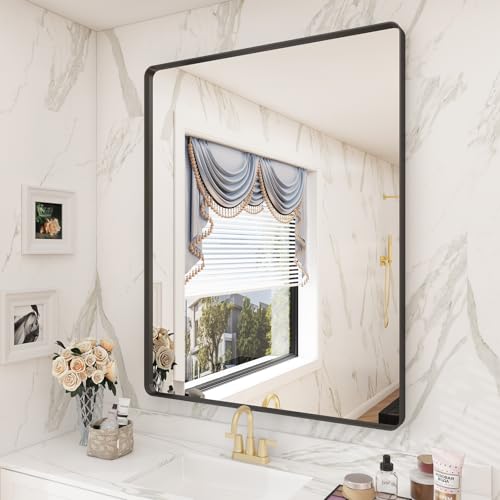 CHARMOR 28X36 Black Matte Bathroom Mirror, Rectangle Framed Vanity Mirror for Wall, Rounded Corner, Anti-Rust, Shatterproof (Horizontally/Vertically)