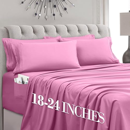 Mocassi Luxury 6-Piece Sheet Set, Ultra Soft 1800 Premium Hotel Quality Microfiber Sheet Set, Fits Mattresses Up to 18 to 24 Inches Extra Deep Pocket - Breathable and Secure Fit, Full, Light Pink