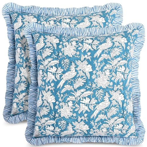 CPC Blue Sapphire Ruffle Throw Pillow Covers for Couch, 24x24 Inch Cotton Stripe Ruffle Couch Pillows for Living Room, Hidden 20 Inch Zipper Boho Pillow Case or Cute Outdoor Pillows
