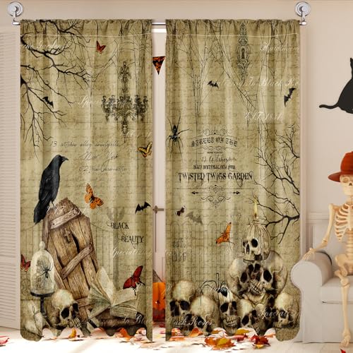 SmoothNovelty 2 Pcs Halloween Curtains for Living Room Gothic Skull Crow - Bat Skeleton Curtains Retro Spooky Forest Spider Window Drapes 52 x 84 Inches Horror Bedroom Party Decor