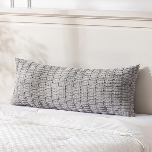 Fancy Homi Gray Long Lumbar Farmhouse Decorative Throw Pillow Covers 20x54 Inch for Bed Couch Bed Sofa, Rustic Boho Room Decor, Soft Striped Corduroy Rectangle Cushion Case 50x137 cm