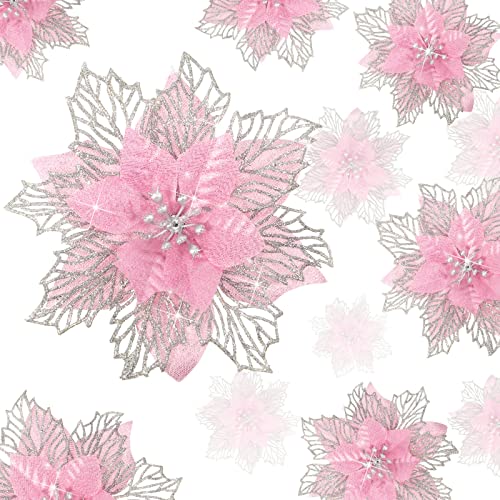 Geosar 36 Pcs 3 Size Christmas Poinsettia Flowers 3'' 4'' 6'' Tree Decorations Glitter Faux Flowers Xmas Artificial Poinsettia Ornaments New Year for Party Favor(Pink)