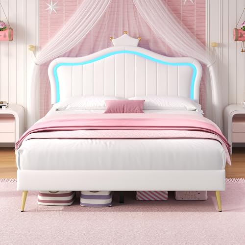 Ball & Cast 4ft6 Double Upholstered Bed Frame with LED Adjustable Shape Headboard, PU Leather Upholstered Platform Bed with Solid Wood Slat, No Box Spring Needed, Easy Assembly,135x190cm,Cream White