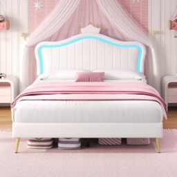 Ball & Cast 4ft6 Double Upholstered Bed Frame with LED Adjustable Shape Headboard, PU Leather Upholstered Platform Bed with Solid Wood Slat, No Box Spring Needed, Easy Assembly,135x190cm,Cream White