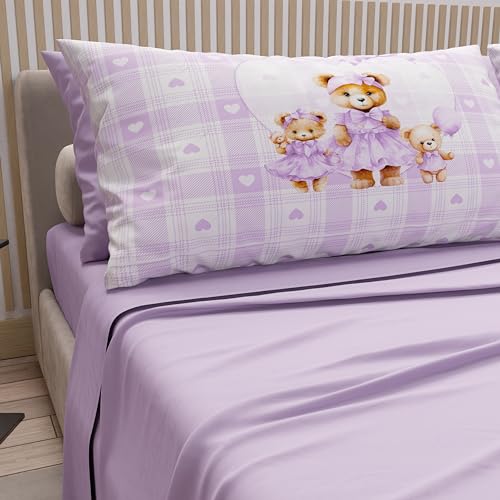 PETTI Artigiani Italiani - Cotton Sheets with Pillowcases in Digital Print, Single Bed Sheet, Single Bed Set, Teddy Love Lilac, 100% Made in Italy