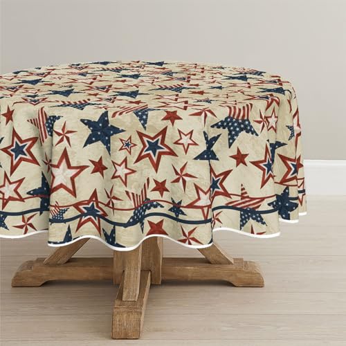 Horaldaily 4th of July Round Tablecloth 60??60 Inch Round, Patriotic Memorial Day Blue Red Star Independence Day Washable Table Cover for Party Picnic Dinner Decor