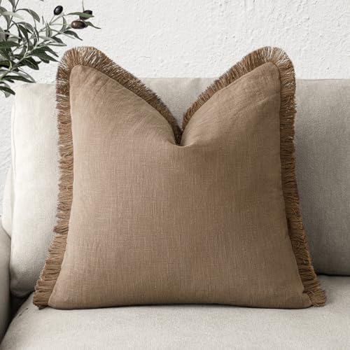 Foindtower Decorative Linen Fringe Throw Pillow Covers Cozy Boho Farmhouse Cushion Cover with Tassels Soft Accent Pillowcase for Chair Sofa Bed Living Room Home Decor, 26??26 Inch, 1PC, Khaki Brown