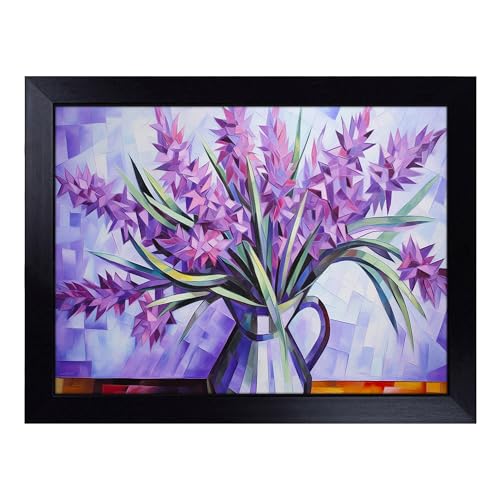 Lap Tray with Bean Bag Cushion, Lavender Flower Cubism - Handmade in the UK, Raised Wooden Edge, Padded Cushion, Heat-Resistant Wipe-Clean Surface, for Meals, Laptops and Crafts
