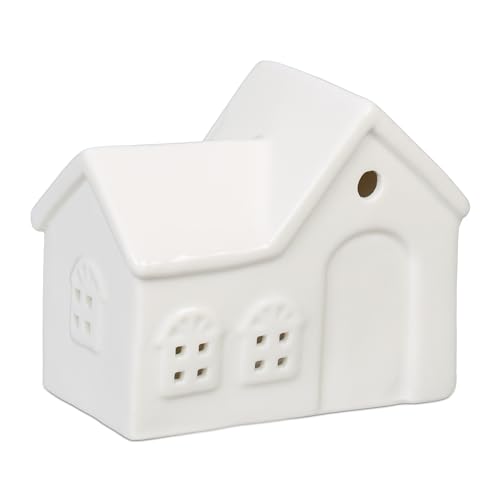 Relaxdays Tea Light House Ceramic, Light through Windows, for One Candle, HWD: 9 x 11 x 6 cm, Cute Table Decor, White