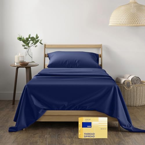 "THREAD SPREAD 100% Egyptian Cotton Sheets Twin Size - 600 Series Bliss Collection Sheets, Deep Pocket (3 PC, Navy Blue), Soft, Cooling Sateen Twin Sets for Dorm, 16"" Deep Pocket"