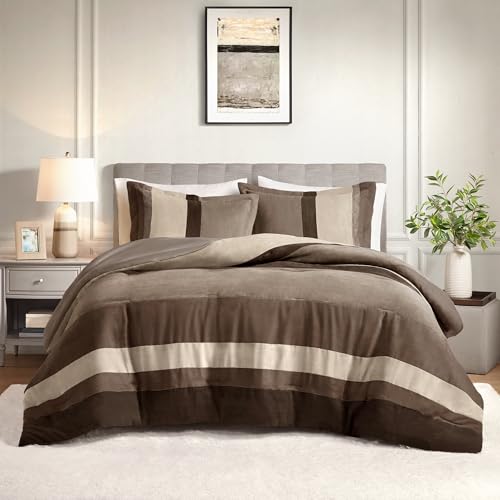 Comfort Spaces King Comforter Set, 3 Piece Luxe Microsuede, Pieced Design Color Block Stripes Bedding Comforter Sets, All Season Soft Brushed Microfiber Reverse, Matching Shams, King/Cal King, Neutral