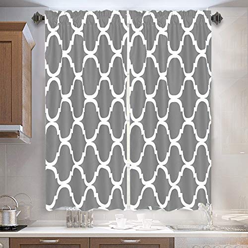 Melodieux Set of 2 Moroccan Fashion Tier Curtains for Kitchen, Geometric Lattice Rod Pocket Curtains for Cafe Bathroom Small Windows, 45 Inch Length, Grey
