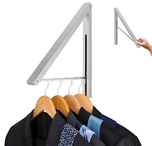 Single Foldable Clothing Rack, Wall-Mounted Retractable Clothes Hanger for Laundry Dryer Room, Hanging Drying Rod, Small Collapsible Folding Garment Racks, Dorm Accessories (Chrome)