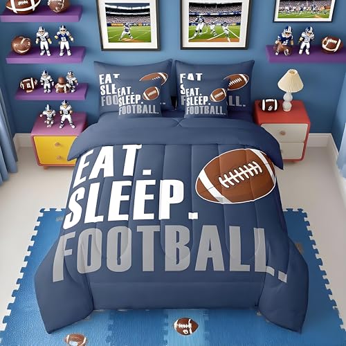 Feelyou Rugby Comforter Set 7 Piece American Football Sports Bedding Twin Comforter Set for Boys Girls Women Men Blue Eat Sleep Football Bedding Set Ball Games Room Decor Bed in a Bag