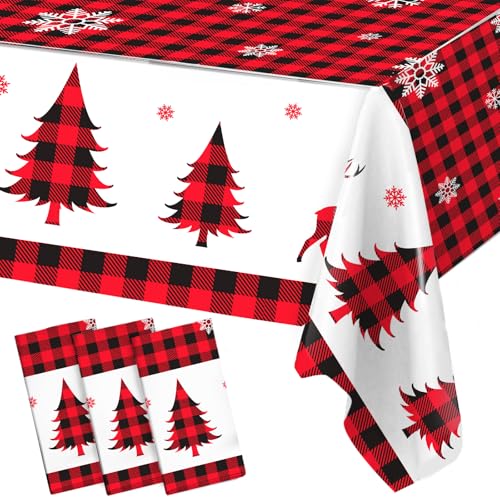Staraise 3PCS Christmas Tablecloth, Winter Christmas Tree Snowflake and Reindeer, Red and Black Buffalo Plaid Rectangular Plastic Table Cover for Party Picnic Dinner Decor, 51.2X 86.6inch