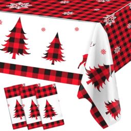 Staraise 3PCS Christmas Tablecloth, Winter Christmas Tree Snowflake and Reindeer, Red and Black Buffalo Plaid Rectangular Plastic Table Cover for Party Picnic Dinner Decor, 51.2X 86.6inch