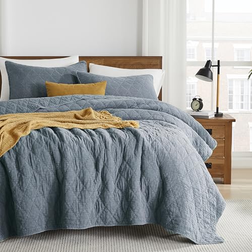 palassio Blue Grey Queen Size Quilt Set, Muslin Cotton Shell Down-Alt Poly Filling, Soft Shabby Chic Rustic Farmhouse Country Bedspread, Textured Gauze Coverlet, Lightweight Bedding, 2 Shams