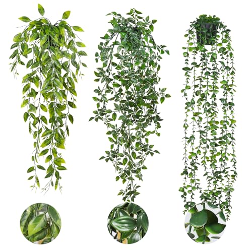 RECUTMS 3 Pack Artificial Hanging Plants Fake Potted Plants Shelf Plants Faux Eucalyptus for Home Room Wall Office Plant Indoor Outdoor Decor