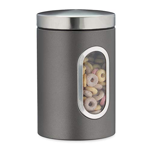 Relaxdays Storage jar, with lid & viewing window, 1.4 l, for coffee, flour, pasta, kitchen storage box, plastic/metal, grey, 17 x 11 x 11 cm