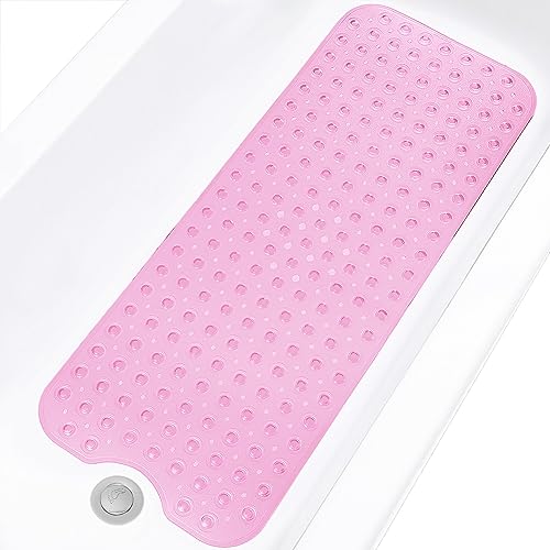 Linoows Bathtub and Shower Mats, Extra Long Non-Slip Bath Mat 39 x 16 Inch, Bath Tub Mat with Suction Cups & Drain Holes for Bathroom, Clear Pink