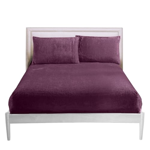 GC GAVENO CAVAILIA Fitted Sheet King Size - Soft Teddy Fleece Bedding Winter - Warm Fluffy Anti-Allergy Polyester Bed Sheet (152x203 cm) - Easy Care 25cm Deep Fleece Fitted Sheets King Size,Aubergine