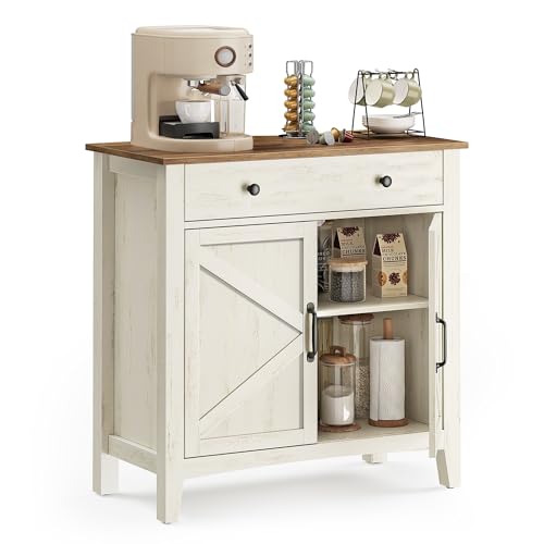 VASAGLE Sideboard, Storage Cabinet with Drawer, Kitchen Cabinet with Doors and Height Adjustable Shelf, Farmhouse Style, for Living Room, Dining Room, Rustic White and Honey Brown BBK341W01