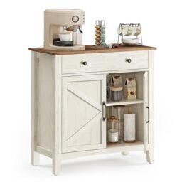 VASAGLE Sideboard, Storage Cabinet with Drawer, Kitchen Cabinet with Doors and Height Adjustable Shelf, Farmhouse Style, for Living Room, Dining Room, Rustic White and Honey Brown BBK341W01