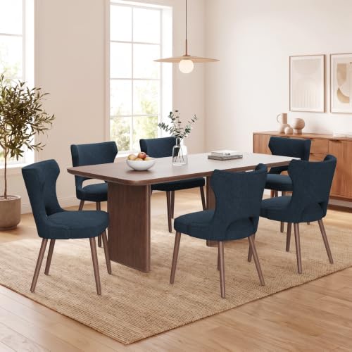 MALOL Upholstered Dining Chairs Set of 6, Dining Room Chairs with Hollow Backrest, High Back Kitchen Chairs with Solid Wood Legs, Thick Seat Cushion, Anti-Slip Pads, Dark Blue