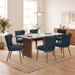 MALOL Upholstered Dining Chairs Set of 6, Dining Room Chairs with Hollow Backrest, High Back Kitchen Chairs with Solid Wood Legs, Thick Seat Cushion, Anti-Slip Pads, Dark Blue