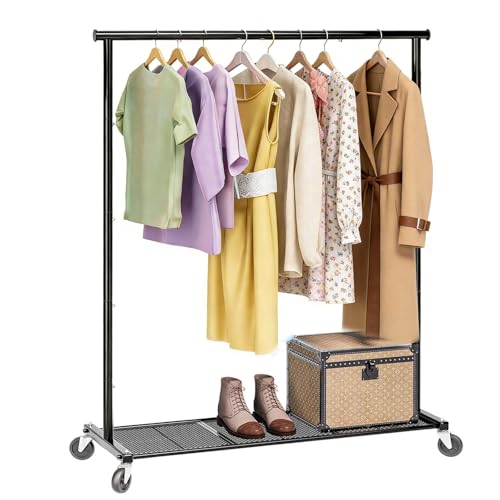 Ekisemio Clothing Clothes Rack on Wheels, Heavy Duty Portable Wardrobe for Hanging Clothes, Garment Rack with Bottom Mesh Shelf, Black