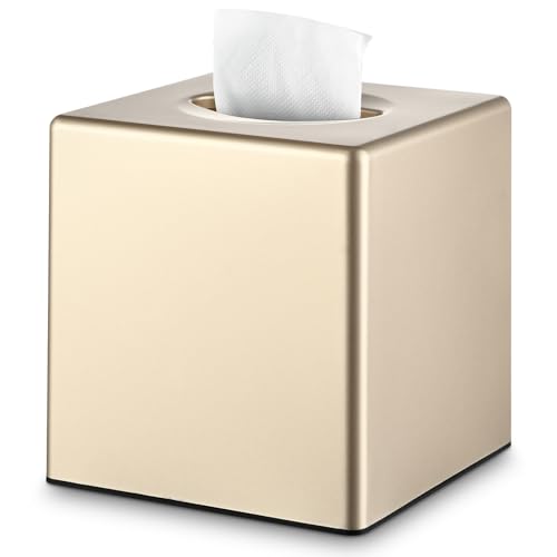 Y-in Hand Tissue Box Cover, Square Facial Tissue Holder Storage for Bathroom Vanity, Countertops, Dressers, Night Stand, Parlors and Offices - Gold