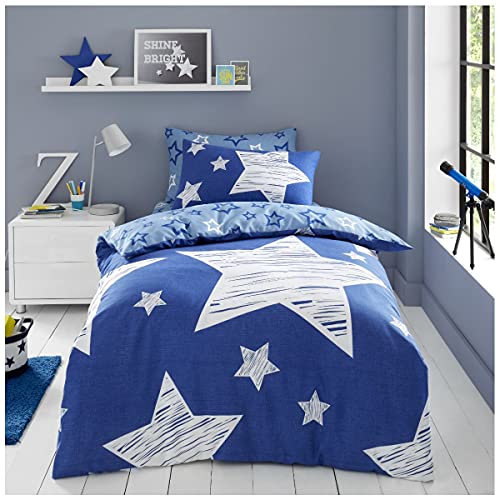 GC GAVENO CAVAILIA Kids Super Star Duvet Cover Set Double - Navy Reversible Star Pattern Bedding Set - Soft Polycotton Bed Set with Pillowcases for Boys & Girls